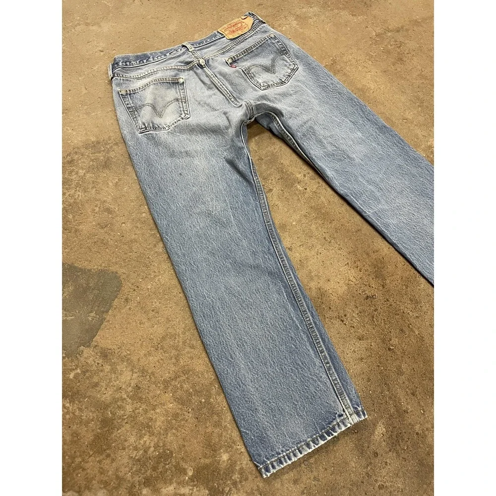 Levis 501 XX Jeans Mens 36x27 Light Wash Blue Straight Leg Button Fly Distressed - Picture 12 of 16
